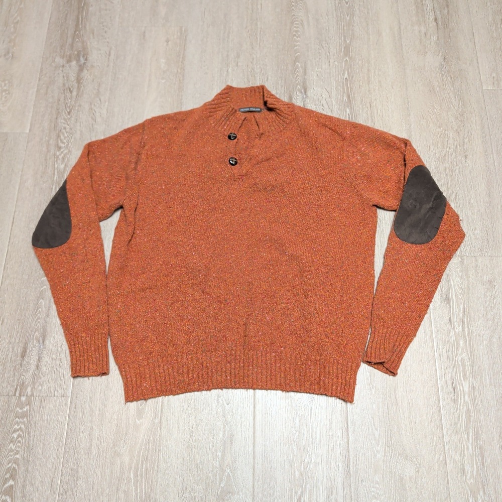 Peter Millar Men L Orange Merino Wool Blend Mock Neck Henley Sweater Elbow Patch